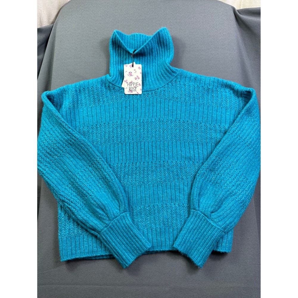 Hippie Rose Women XL Turquoise Blue Ribbed Turtleneck Balloon Sleeve Sweater NEW